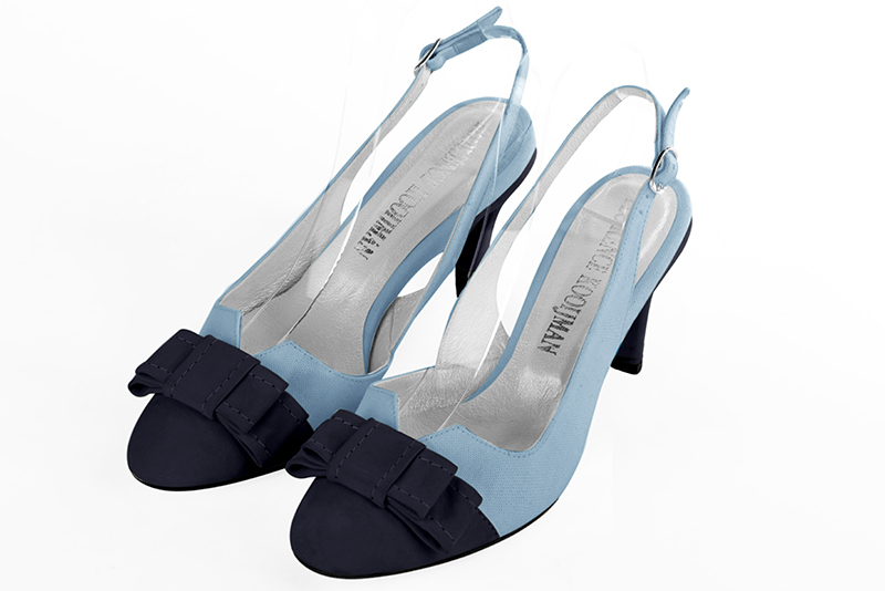 Matt black and sky blue women's open back shoes, with a knot. Round toe. Medium slim heel. Front view - Florence KOOIJMAN